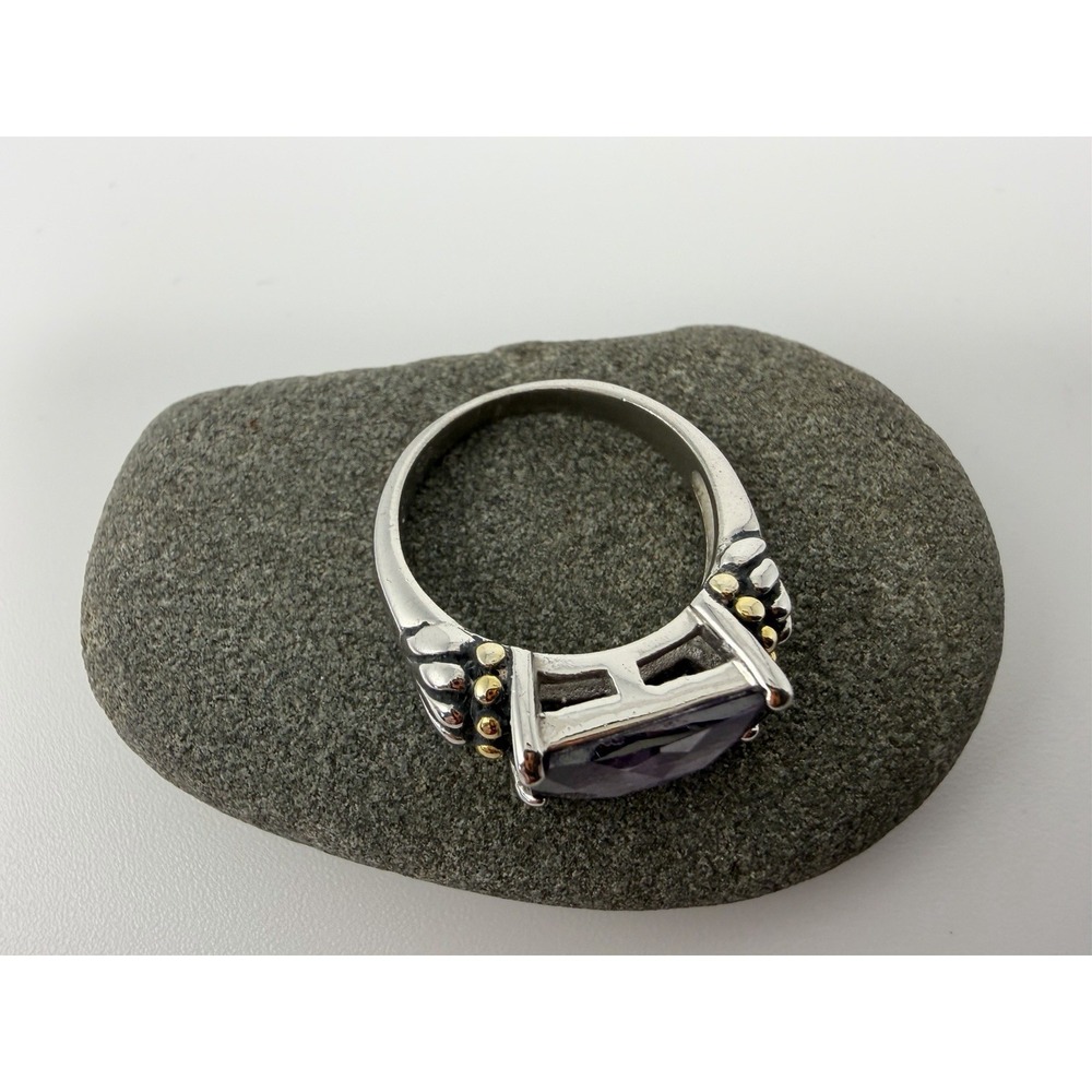 925 Sterling Silver Purple Glass Ring Two Tone Size 6.25 Statement - Picture 3 of 8